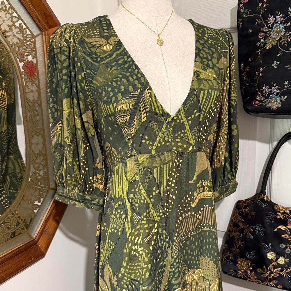 Farm Rio Dark Green & Yellow Tropical Floral Pattern Puff Sleeve Tiered Dress - Picture 2 of 8